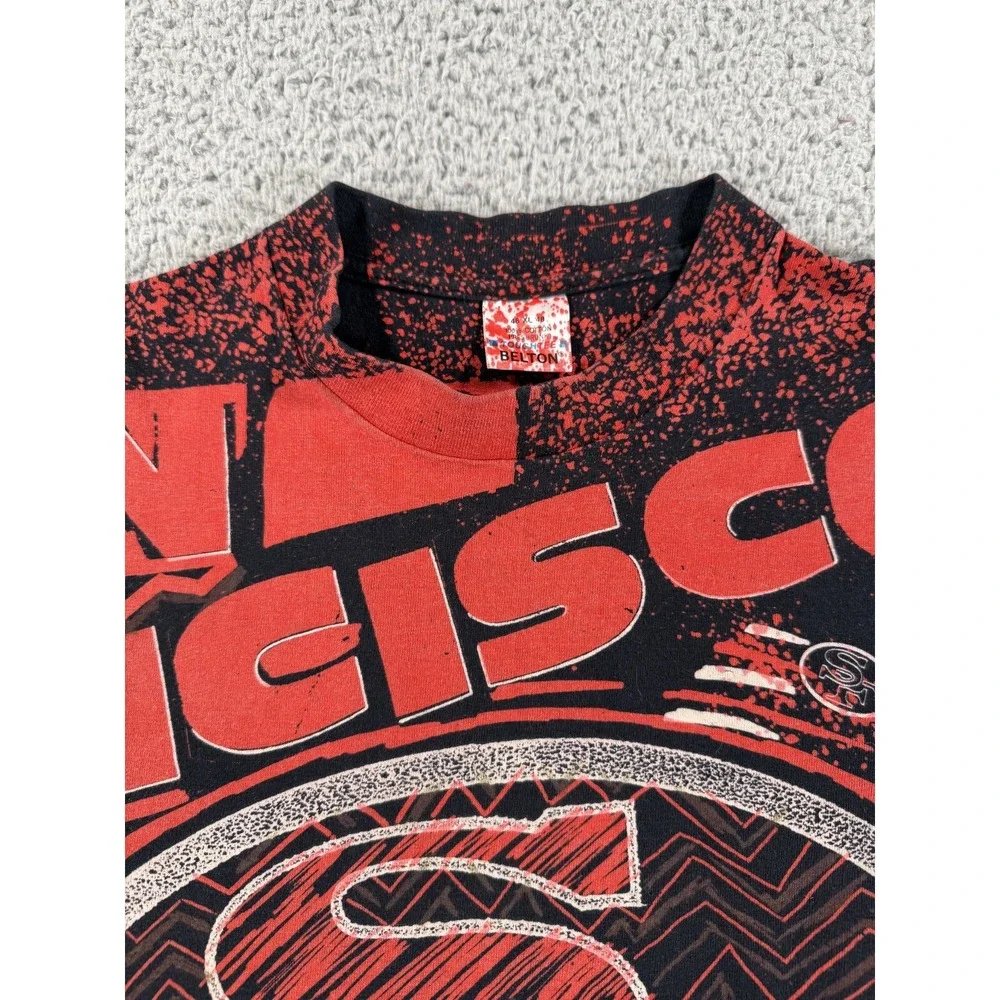 Vintage 90s San Francisco 49ers Magic Johnson T-Shirt Mens XL Black Red AOP Logo